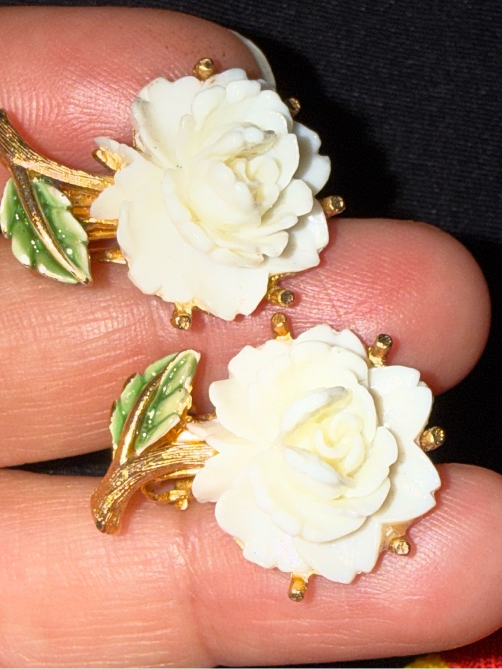 White Rose Floral Stud Earrings with Gold Accents